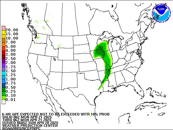 6-Hour 10th
                     Percentile QPF valid 06Z April 21, 2025