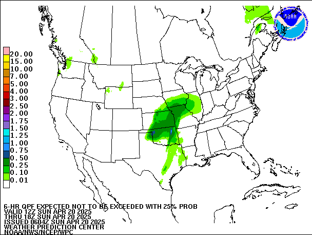 6-Hour 25th
                     Percentile QPF valid 18Z April 20, 2025