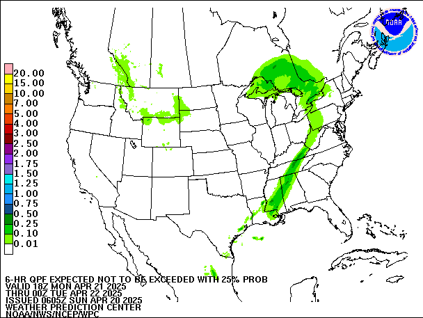 6-Hour 25th
                     Percentile QPF valid 00Z April 22, 2025